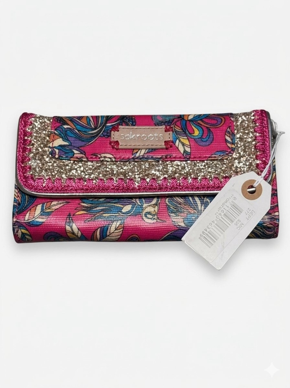 Sakroots Artist Circle Nature Gold Glitter Large Trifold Wallet NWT Boho Bird